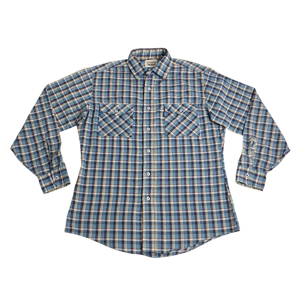 Vintage 90s Levis Shirt Mens Medium Plaid Button Up‎ Flap Pocket Blue Workwear